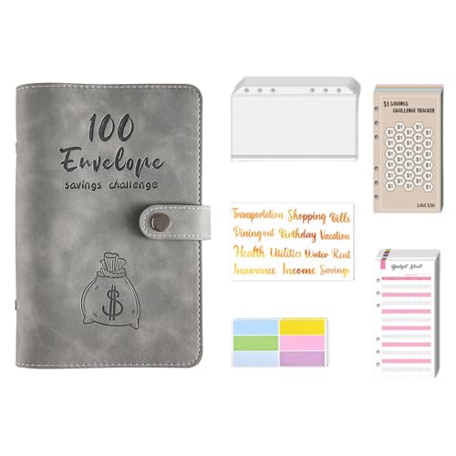 Munefe Budget Binder, Savings Challenge Binder mit Bargeldumschlägen, 100 Umhülle Geldsparen Herausforderung für Geldorganisatorsysteme (Grau) von MUNEFE