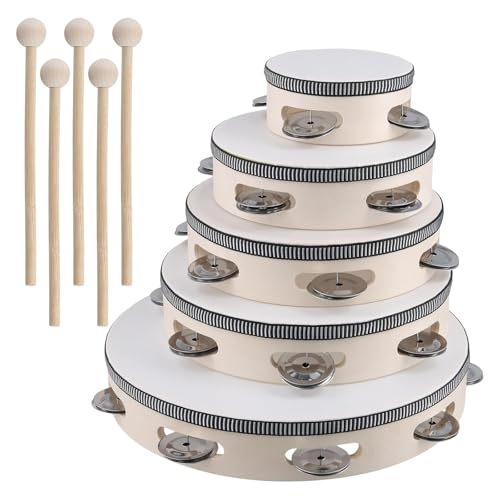 MUNGHOK 5 Stück Tamburin Set, 4 Zoll 6 Zoll 7 Zoll 8 Zoll 10 Zoll Hand Drum Holz Handtrommel mit Schlägel, Holz Tambourine Instrument für Rhythmisches Lernen, Percussion Performance von MUNGHOK