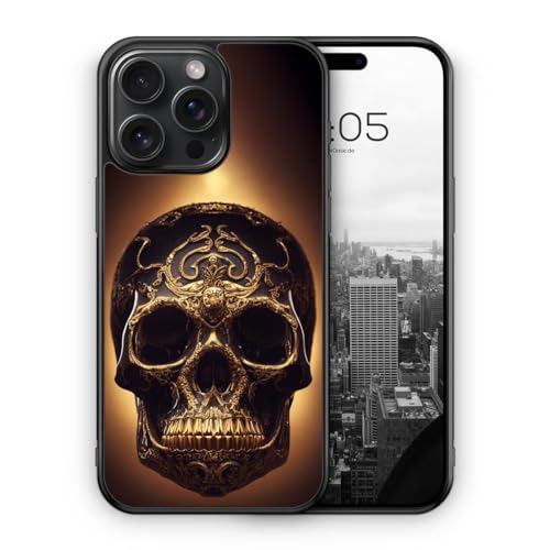 MUNIQASE Obsidian Gold Totenkopf - Silikon Hülle für iPhone 15 Pro - Horror Gruselige Halloween Totenkopf Coole Schutzhülle Handyhülle Case Cover von MUNIQASE