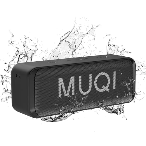 MUQI Bluetooth Lautsprecher, Musikbox mit IPX7 Wasserdicht,kabelloser Boxen 10W Stereo Sound intensiver Bass,24 Std.Spielzeit, Eingebaut Mikrofon, tragbarer Box für Zuhause, Draußen(Schwarz) von MUQI