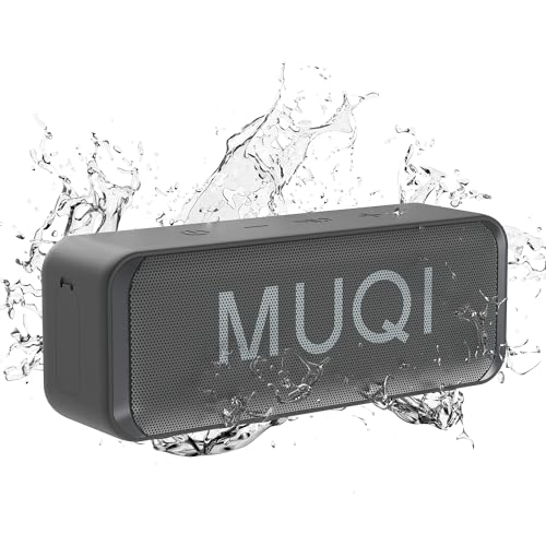 MUQI Bluetooth Lautsprecher, Musikbox mit IPX7 Wasserdicht,kabelloser Boxen 10W Stereo Sound intensiver Bass,24 Std.Spielzeit, Eingebaut Mikrofon, tragbarer Box für Zuhause, Draußen (Grau) von MUQI