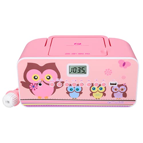 CD-Radio für Kinder mit Mikrofon und Sing-A-Long Karaoke Funktion (CD / MP3, USB, AUX-In, LCD-Display, Teleskopantenne), Pink mit Eulenmotiven von MUSE