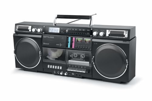 MUSE Bluetooth Retro Boombox mit Radio, CD, Kassettenrekorder, 80W Ausgangsleistung, USB, Aux, Micro SD-Kartenslot von MUSE