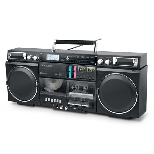 MUSE Bluetooth Retro Boombox mit Radio, CD, Kassettenrekorder, 80W Ausgangsleistung, USB, Aux, Micro SD-Kartenslot von MUSE