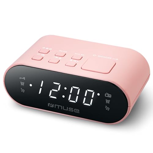 MUSE DUALER WECKER Radio PLL in Rosa, Handlicher UKW-PLL-Radio mit Dual-Alarm, LED Anzeige, 24-Stunden-Dimmer und Batterie-Backup von MUSE