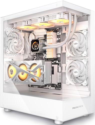 MUSETEX PC Gehäuse ATX 3 Non-LED Lüfter vorinstalliert, Typ-C Mid-Tower Computergehäuse mit Vollsicht-Doppelglas, Gaming PC Gehäuse,Weiß(K2) von MUSETEX