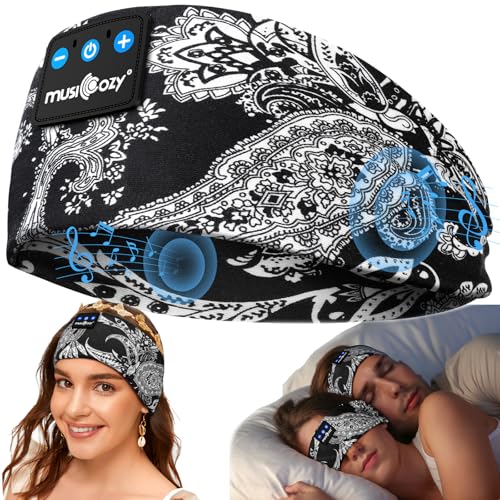 MUSICOZY Schlafkopfhörer Bluetooth 5.4, Schlaf Kopfhörer Sport-Kopfhörer 14+STD Spielzeit Kopfhörer Schlafen mit HiFi-Stereo, Ergonomisch Tech Gadgets für Seitenschläfer (Bohoschwarz, L) von MUSICOZY