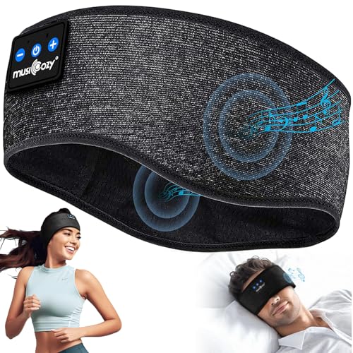 MUSICOZY Schlafkopfhörer Bluetooth 5.4, Schlaf Kopfhörer Sport-Kopfhörer 14+STD Spielzeit Kopfhörer Schlafen mit HiFi-Stereo, Ergonomisch Tech Gadgets für Seitenschläfer (Dunkelschwarz, L) von MUSICOZY