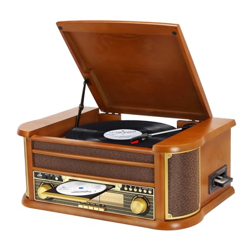 JOPOSTAR Record Player 3 Speed Kabelloser Bluetooth Vinyl Plattenspieler mit AM/FM Radio Phonograph mit 3, 5mm Kopfhörerbuchse, CD/Kassette, AUX-in/RCA-Ausgang, USB Wiedergabe von MUSITREND