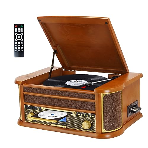 JOPOSTAR Record Player 3 Speed Kabelloser Bluetooth Vinyl Plattenspieler mit AM/FM Radio Phonograph mit 3, 5mm Kopfhörerbuchse, CD/Kassette, AUX-in/RCA-Ausgang, USB Wiedergabe von MUSITREND