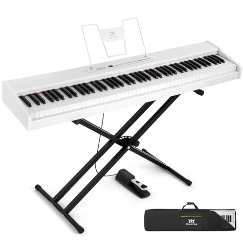 MUSTAR E Piano Digital 88 Tasten, Keyboard mit halbgewichteten & Bluetooth, Portable Set mit Sustain Pedal, Keyboardständer und Tragetasche, Weiß von MUSTAR