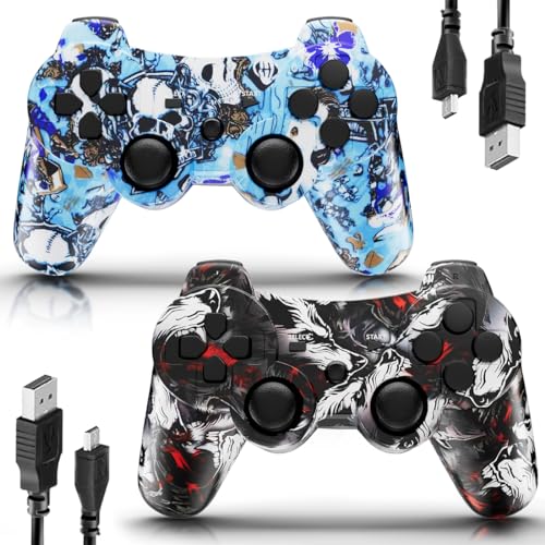 MUZELI Controller für PS3, 2 Pack Kabelloser Controller für Playstation 3 mit Double Shock Ergonomie, wiederaufladbarer Gamepad-Joystick mit Ladekabel(Blau&Fire Design) von MUZELI