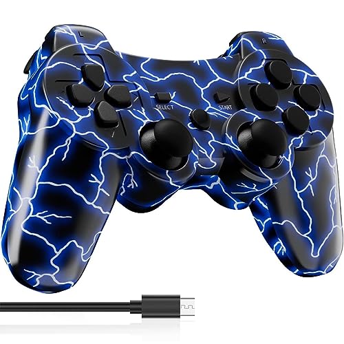 MUZELI Controller für PS3, Kabelloser Controller für Playstation 3 mit Double Shock Ergonomie, wiederaufladbarer Gamepad-Joystick mit Ladekabel(Blau) von MUZELI