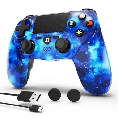 MUZELI Kabelloser Controller für PS4, Multi-Plattform Controller kompatibel mit PS4/Pro/Slim/PC/iOS/Android/MacOS, mit Dual-Vibration/3,5-mm-Audio-Buchse/empfindlichem Touchpad(Blau) von MUZELI