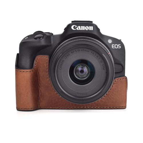 MUZIRI KINOKOO EOS R50 Hülle, Retro Stil Echt Leder Tasche für Canon EOS R50/EOSR50 Kamera Schutzhülle - EOS R50 Hülle mit Handgriff und Öffnung unten Design - Braun von MUZIRI KINOKOO