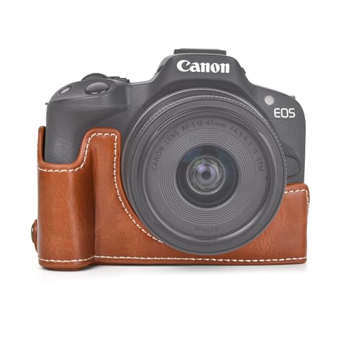 MUZIRI KINOKOO EOS R50 Hülle, Retro Stil PU Leder Halbtasche für Canon EOS R50/EOSR50 DSLR Kamera, EOS R50 Kameratasche mit Handgriff und Öffnung unten Design, braun, Retro-Stil von MUZIRI KINOKOO