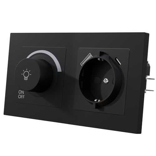 MVAVA Lichtschalter Dimmbar 1 Fach 1 Weg Dimmschalter mit Steckdose Unterputz Lichtschalter 86mm*86mm für Dimmbare LED-Leuchten, Glühlampen Kunststoff Schwarz von MVAVA