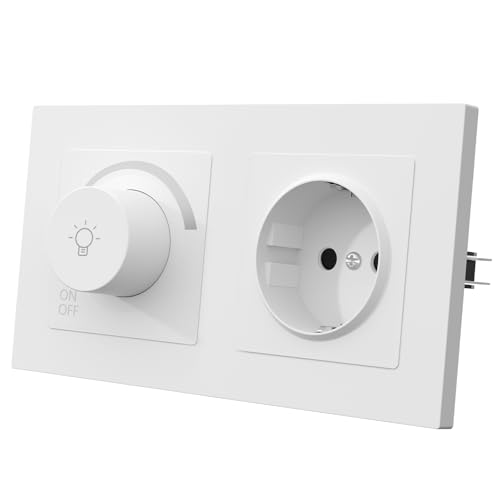 MVAVA Lichtschalter Dimmbar 1 Fach 1 Weg Dimmschalter mit Steckdose Unterputz Lichtschalter 86mm*86mm für Dimmbare LED-Leuchten, Glühlampen Kunststoff Weiß von MVAVA