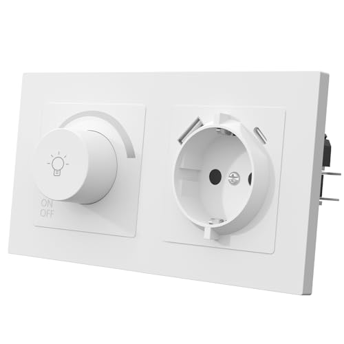 MVAVA Lichtschalter Dimmbar 1 Fach 1 Weg Dimmschalter mit Steckdose Unterputz Lichtschalter 86mm*86mm für Dimmbare LED-Leuchten, Glühlampen Kunststoff Weiß von MVAVA