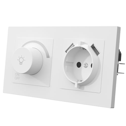 MVAVA Lichtschalter Dimmbar 1 Fach 1 Weg Dimmschalter mit Steckdose Unterputz Lichtschalter 86mm*86mm für Dimmbare LED-Leuchten, Glühlampen Kunststoff Weiß von MVAVA