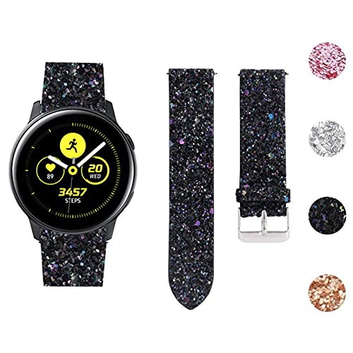 Gear S2 Watchband, MVRYCE 20mm Echtleder Ersatzband mit Bling Pailletten, Verstellbares Armband Kompatibel mit Galaxy Watch 3 41mm/Galaxy Watch 42mm/Active 40mm/Active2 40mm 44mm (Schwarz) von MVRYCE