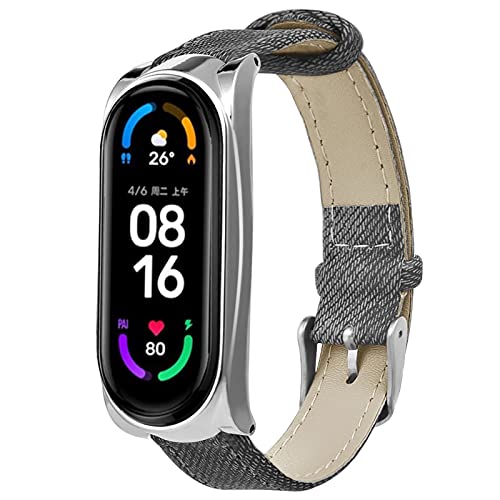 MVRYCE Mi Band 6 Smartwatch Band, Retro Echtleder Ersatzarmband 200mm-240mm Denim Textur Smart Sportarmband mit Metallrahmen Kompatibel für Mi Band 5/Mi Band 6 (Grau-Silber) von MVRYCE