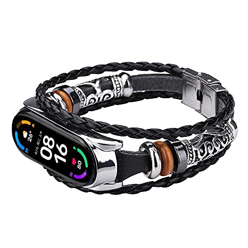 Mi Band 5 Armband, MVRYCE Retro Geflochtenes Seil Ersatzband mit Metallschnalle, Perlenelement DIY Verstellbares Armband Uhrenzubehör Armband Kompatibel mit Mi Band 5/Mi Band 6 (A03) von MVRYCE