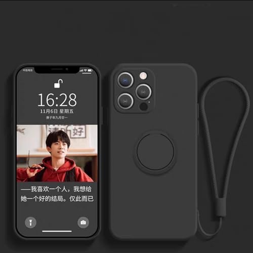MVVKKY Für iPhone 13 ProMax Hülle Handkette Magnetringhalter Stoßfeste Flüssigsilikonhülle (Für iPhone 13 ProMax/schwarz) von MVVKKY