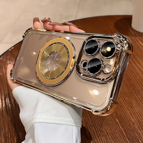 MVVKKY Für iPhone 14 Luxus-Hülle für kabelloses Laden mit Ringhalterung, transparente magnetische Airbag-Abdeckung (für iPhone 14/Gold) von MVVKKY