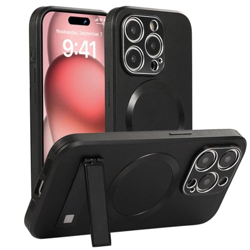 MVVKKY Für iPhone 15 Lederhülle Magnetische Hüllen Ständerhalterung Stoßfeste Abdeckung (Für iPhone 15/schwarz) von MVVKKY