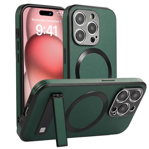 MVVKKY Für iPhone 15 ProMax Lederhülle Magnetische Hüllen Ständerhalterung Stoßfeste Abdeckung (Für iPhone 15 ProMax/grün) von MVVKKY