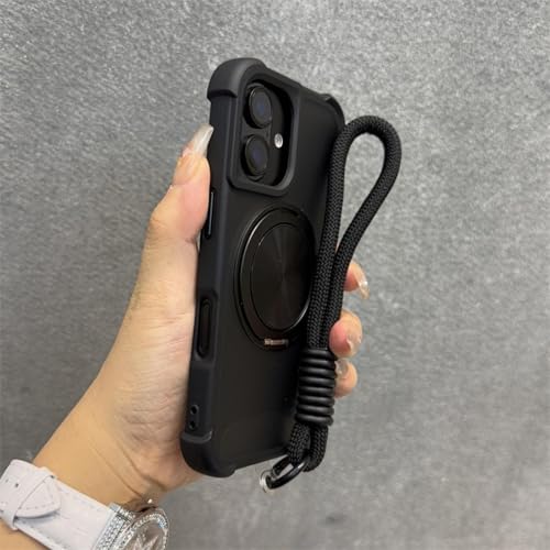 MVVKKY Für iPhone 16 Pro Armor Matte Transparent Airbag Case Halterungsabdeckung mit Handschlaufe (Für iPhone 16 Pro/Black GS) von MVVKKY