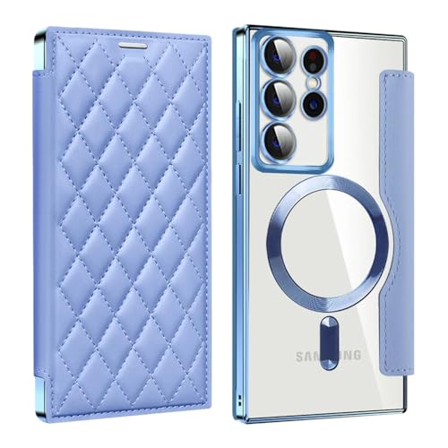 Magnetische Leder-Kartenhalter-Hülle für Samsung Galaxy S23FE S24 S22 Ultra Plus kabelloser Ladekartenhalter, stoßfestes Hardcover, Hellblau, für Galaxy S22 von MVVKKY