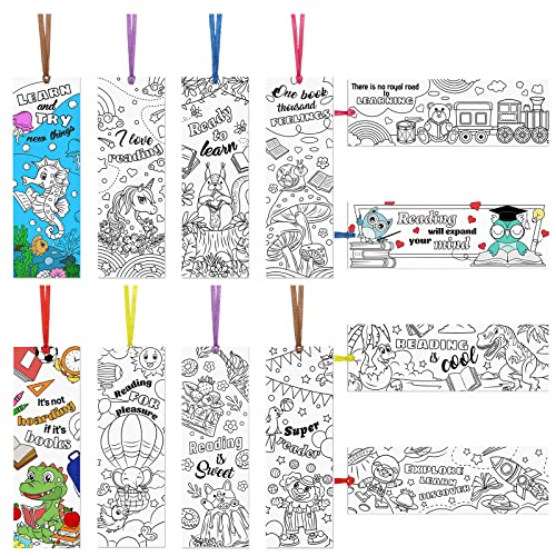 MWOOT 36 Stücke Color Your Own Papier Lesezeichen, Doppelseitige DIY Malbuch Paper Bookmarks mit Bändern, Inspirierende Page Marker für Kinder Studenten Klassenzimmer Lesezubehör(12 Stile,15x5CM) von MWOOT