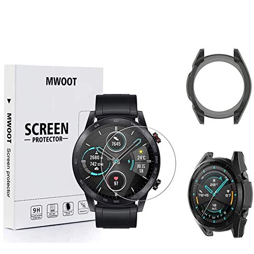 MWOOT Glasfolien Schutzfolie Kompatibel mit Honor Magic Watch 2 Smartwatch 46 mm (2Stk) und Schwarz Gehäuse Schutzhülle für Huawei Watch Schutz, [9H Härte 2.5D] Kratzfest Displayschutz Schutzglas von MWOOT