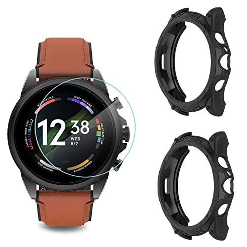 MWOOT Kompatibel mit Fossil Gen 6 44mm Smartwatch Glas Schutzfolie (4Stk) und Silikon Schutzhülle (2Stk) für Gehäuse Schutz, 9H Härte Kratzfest Schutzglas für Displayschutz Zubehör Set von MWOOT