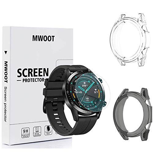 MWOOT Kompatibel mit Huawei Watch GT2 46MM Glasfolien Schutzfolie [4Stk] und Silikon Schutzhülle [2Stk] für Gehäuse Schutz, 9H Härte Kratzfest Schutzglas für Displayschutz, Armbanduhr Zubehör Set von MWOOT