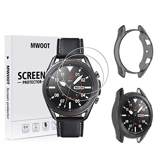 MWOOT Kompatibel mit Samsung Galaxy Watch 3 45MM Schutzfolie, 3Stk Schutz Set mit Gehäuse Hülle, 9H Härte Kratzfest Displayschutzglas für Watch3 SM-R840/R845 Schutz - Schwarz von MWOOT
