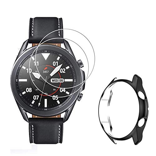 MWOOT Kompatibel mit Samsung Galaxy Watch 3 45MM Schutzfolie Schutzglas Schutzhüllen Schutz Set, 9H Härte Kratzfest Displayschutz Glas mit Gehäuse Hülle für Galaxy Watch3 SMR840 SMR845, Set mit 3 von MWOOT