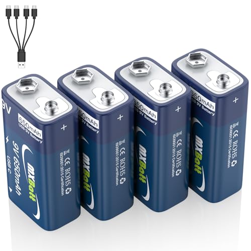 MXBatt 9V Akku Lithium, 9V Blockbatterie Akku USB C 650 mAh,4 Stück Wiederaufladbare Batterien 800 Ladezyklen Geeignet für Rauchmelder, Feuermelder, Mikrofone, Spielzeuge, Taschenlampen und mehr MXBatt 9V Akku Lithium, 9V Blockbatterie Akku USB C 650 mAh,4 Stück Wiederaufladbare Batterien 800 Ladezyklen Geeignet für Rauchmelder, Feuermelder, Mikrofone, Spielzeuge, Taschenlampen und mehr von MXBatt