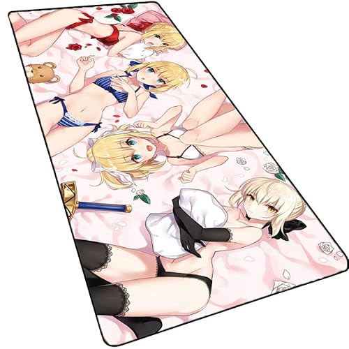 Großes Anime-Gaming-Mauspad, Fate Stay Night Laptop-Schreibtischunterlage, Mauspad mit genähtem Rand und rutschfester Gummiunterseite, Computer-Tastatur und Mäuse-Pads, 90 x 40 cm von MXDZA