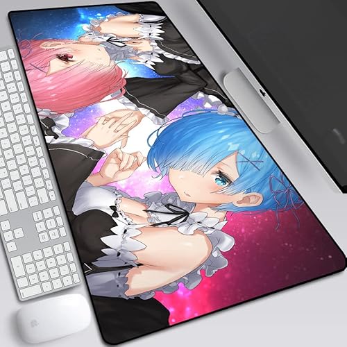 Re Zero Kara Hajimeru Isekai Seikatsu erweitertes Mauspad, Anime-Gaming-Mauspad mit genähten Kanten, Rezero Rem und Ram, rutschfeste Gummiunterseite, Schreibtischmatte für Gamer, Büro und Zuhause, von MXDZA