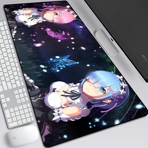 Re Zero Kara Hajimeru Isekai Seikatsu erweitertes Mauspad, Anime-Gaming-Mauspad mit genähten Kanten, Rezero Rem und Ram, rutschfeste Gummiunterseite, Schreibtischunterlage für Gamer, Büro und Zuhause, von MXDZA
