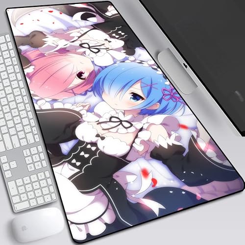 Re Zero Kara Hajimeru Isekai Seikatsu erweitertes Mauspad, japanisches Anime-Gaming-Mauspad mit genähten Kanten, Rezero Rem und Ram, rutschfeste Gummiunterseite, Schreibtischunterlage für Gamer, 80 x von MXDZA