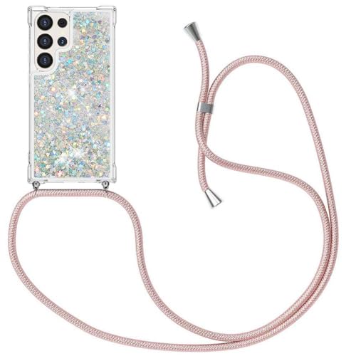 Handykette kompatibel mit Samsung Galaxy S24 Ultra Glitzer Flüssig Bewegende Treibsand Hülle mit Band Umhängetaschen+Hüllen mit Umhängeband Handykordel mit Schutzhülle Stylische Kette mit Hülle von MXKOCO