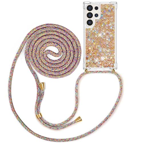 Handykette kompatibel mit Samsung Galaxy S24 Ultra Glitzer Flüssig Bewegende Treibsand Hülle mit Band Umhängetaschen+Hüllen mit Umhängeband Handykordel mit Schutzhülle Stylische Kette mit Hülle von MXKOCO