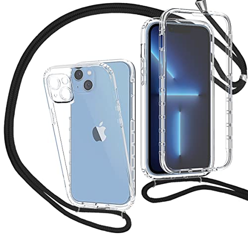 MXKOCO 360 Grad Handyhülle mit Band Handykette für iPhone 14 Plus TPU Handyhülle mit Kordel-Umhängetaschen Hüllen mit Umhängeband Handykordel mit Schutzhülle Silikonhülle Stylische Kette Hülle von MXKOCO