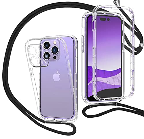 MXKOCO 360 Grad Handyhülle mit Band Handykette für iPhone 14 Pro TPU Handyhülle mit Kordel-Umhängetaschen Hüllen mit Umhängeband Handykordel mit Schutzhülle Silikonhülle Stylische Kette Hülle von MXKOCO