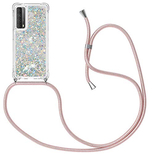 MXKOCO Handykette kompatibel mit Huawei P Smart 2021/Y7A Glitzer Flüssig Bewegende Treibsand Hülle mit Band Umhängetaschen+Hüllen mit Umhängeband Handykordel mit Schutzhülle Stylische Kette mit Hülle von MXKOCO