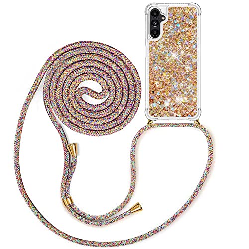 MXKOCO Handykette kompatibel mit Samsung Galaxy A14 5G Glitzer Flüssig Bewegende Treibsand Hülle mit Band Umhängetaschen+Hüllen mit Umhängeband Handykordel mit Schutzhülle Stylische Kette mit Hülle von MXKOCO